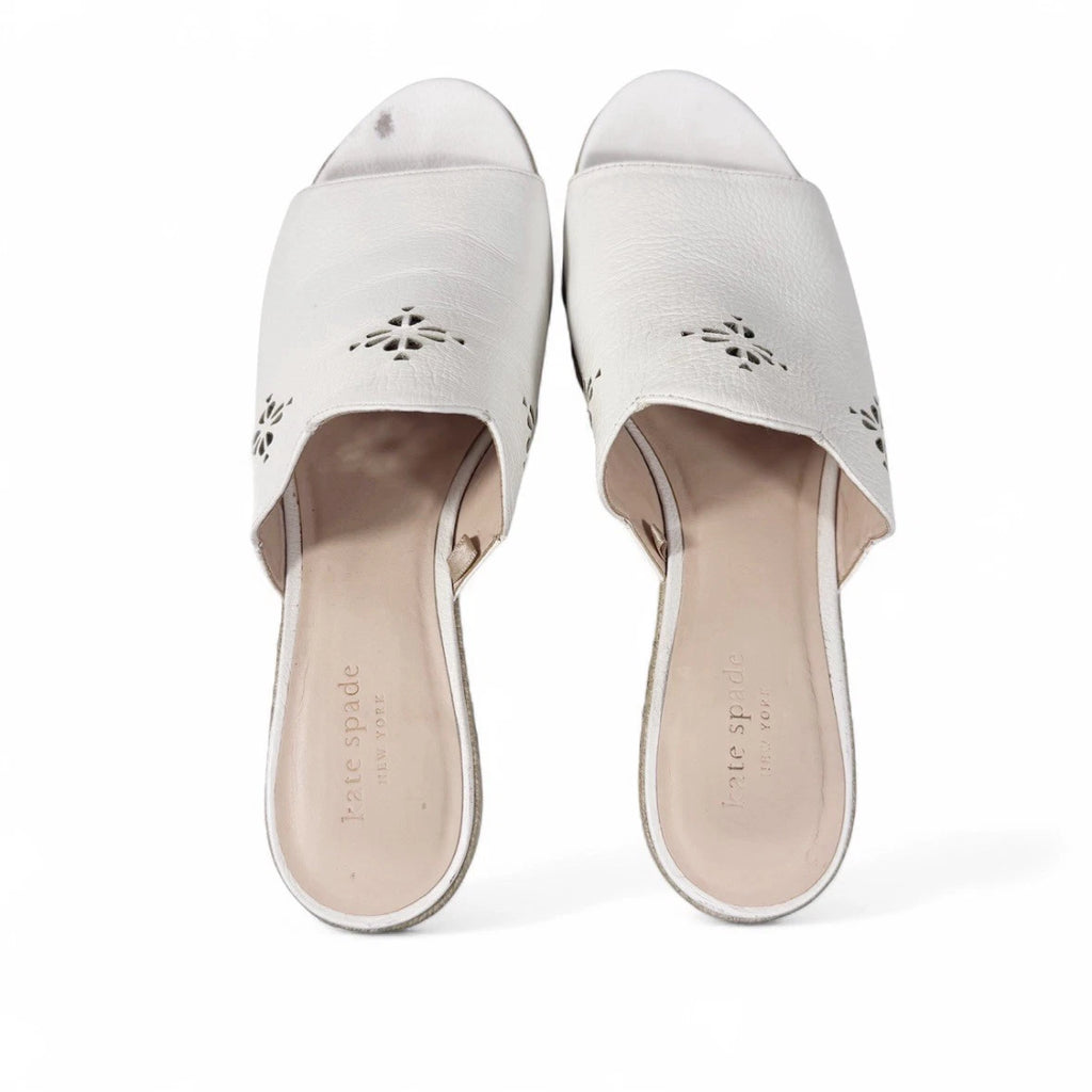 Kate Spade White Leather Espadrille Wedge Sandals 8.5 Floral Cut Out Designer