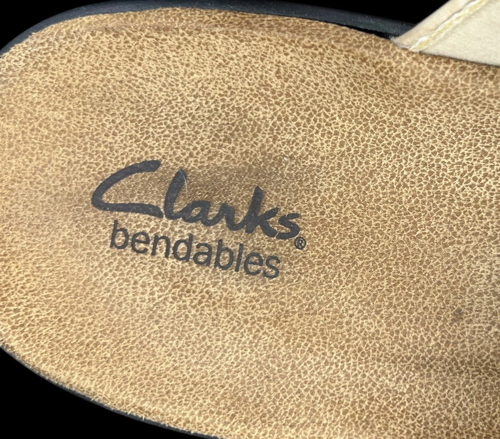 Clarks Bendables Sandals Women's Sz 10m Tan & Cream Leather Open Toe Hook/Loop