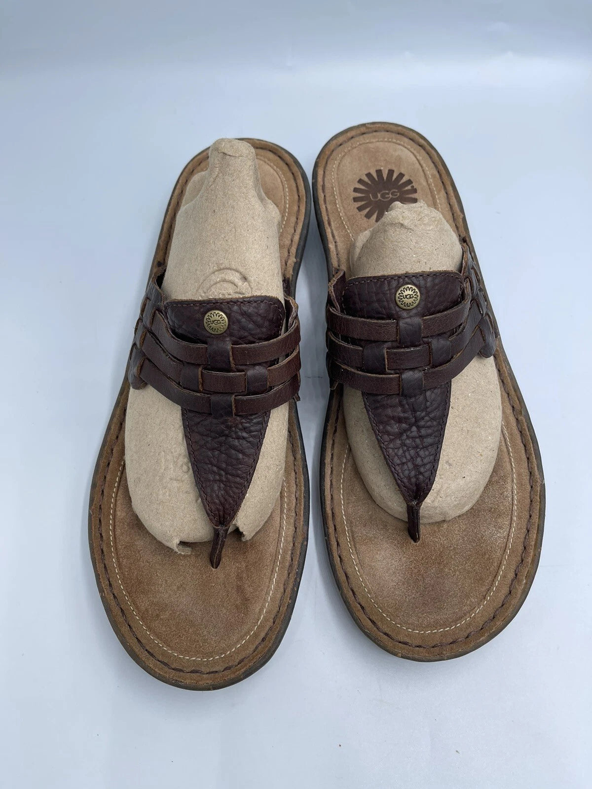 UGG Sandals Women’s Size 10 Woven Brown Leather Slide Style