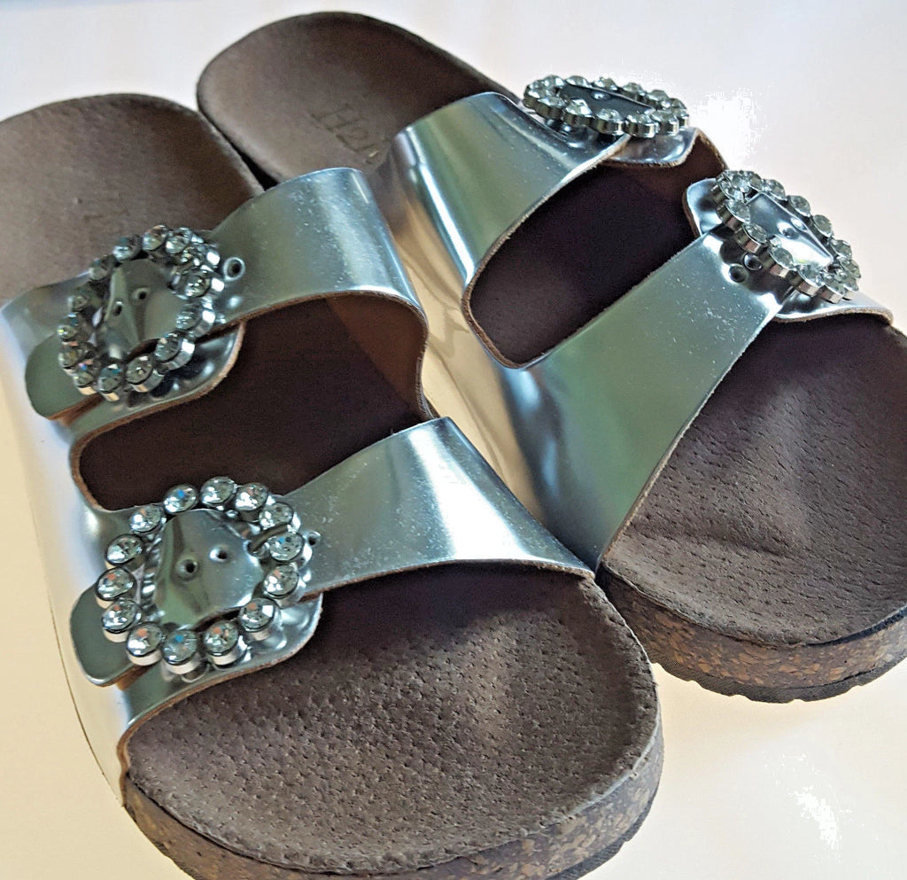 H2K KAREN STONE Buckle Ornament SILVER Fashion Slide Flip Flops Sandals Bling
