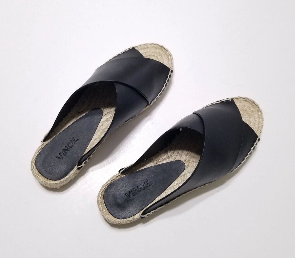 NIB Vince Castel Leather Crisscross Flat Espadrille Slide Sandal Black Sz 5 $225