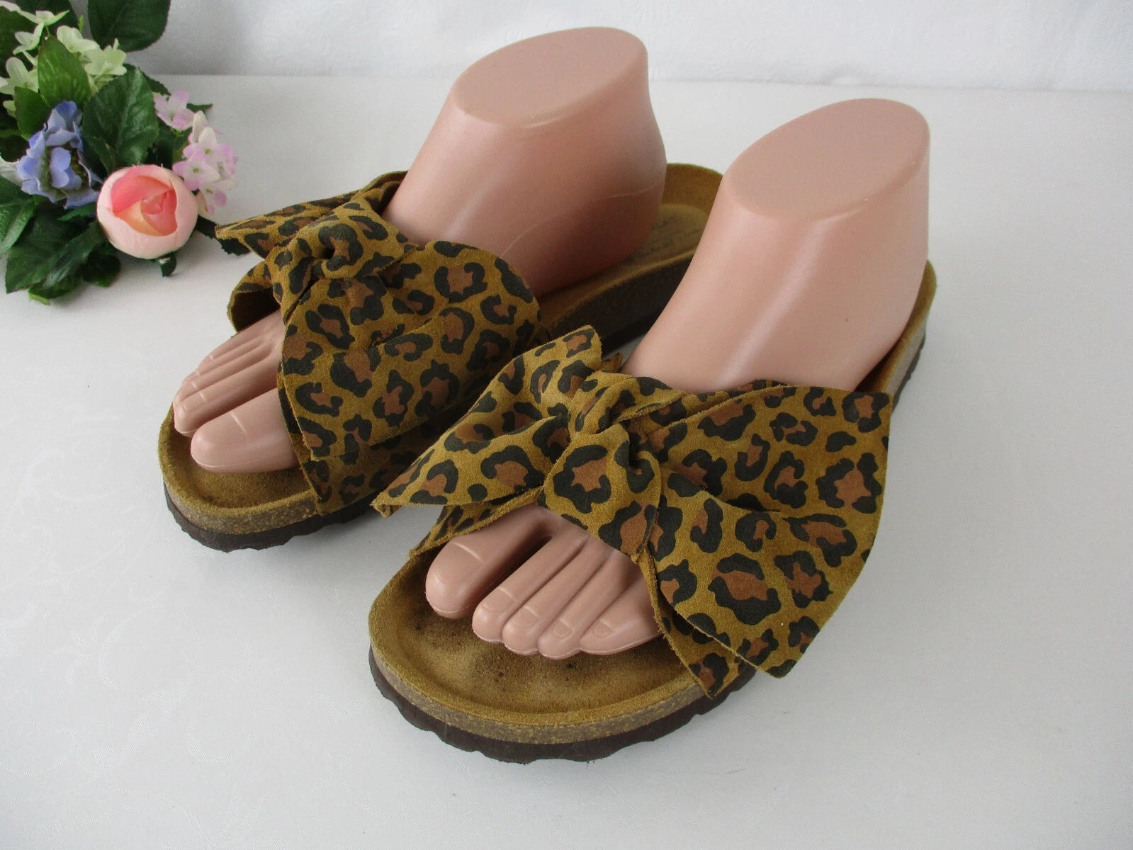 Joules Bayside Leopard Bow Slip On Madrid-Style Sandals size 40 Leather Upper