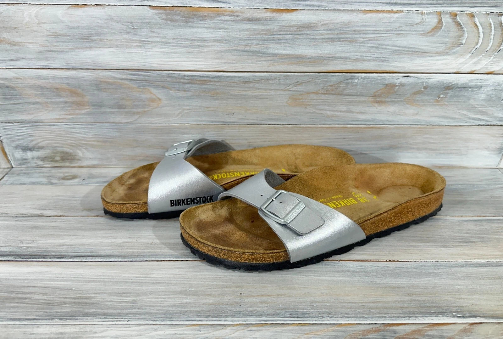 Birkenstock Madrid Birko-Flor Silver Womens Leather Slide Sandals