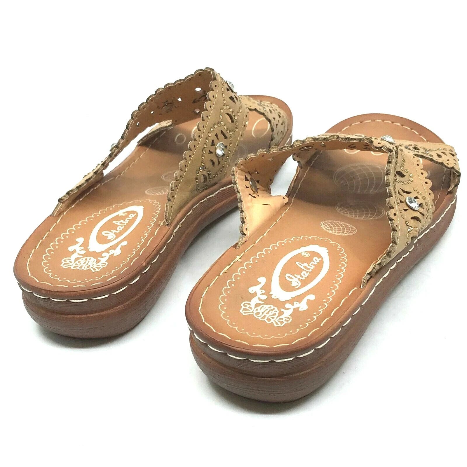 Italina Women's Slide Sandals Brown Rhinestone Straps Size 6.5 Slip-On  [A20]