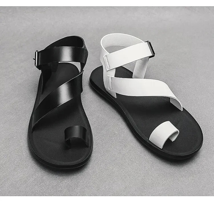 38-45 Mens Sandals Roman Style Ring Toe Slingback PU Leather Summer Casual Flats