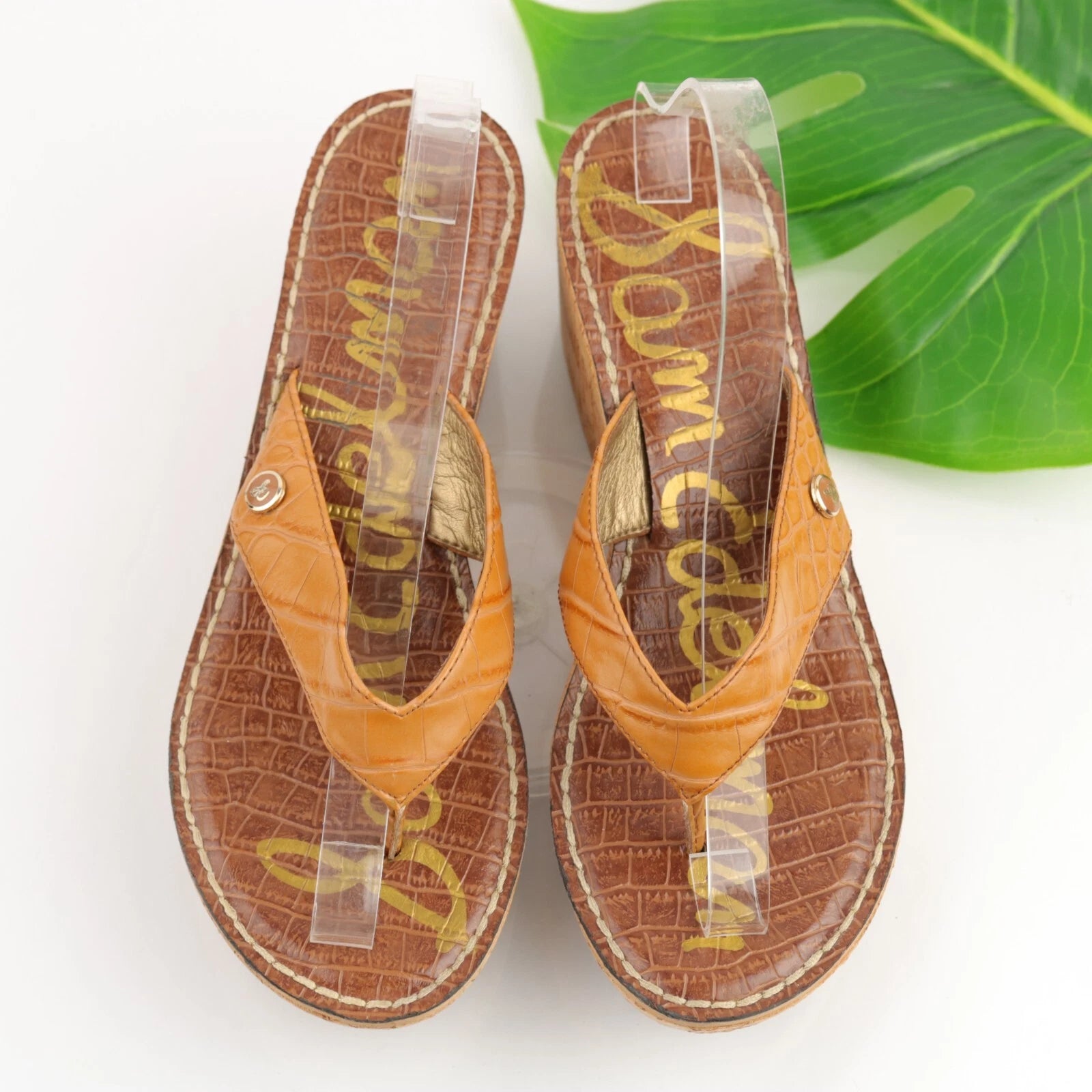 Sam Edelman Women's Romy Sandal Size 9.5 Wedge Platform Tan Croc Thong Slide