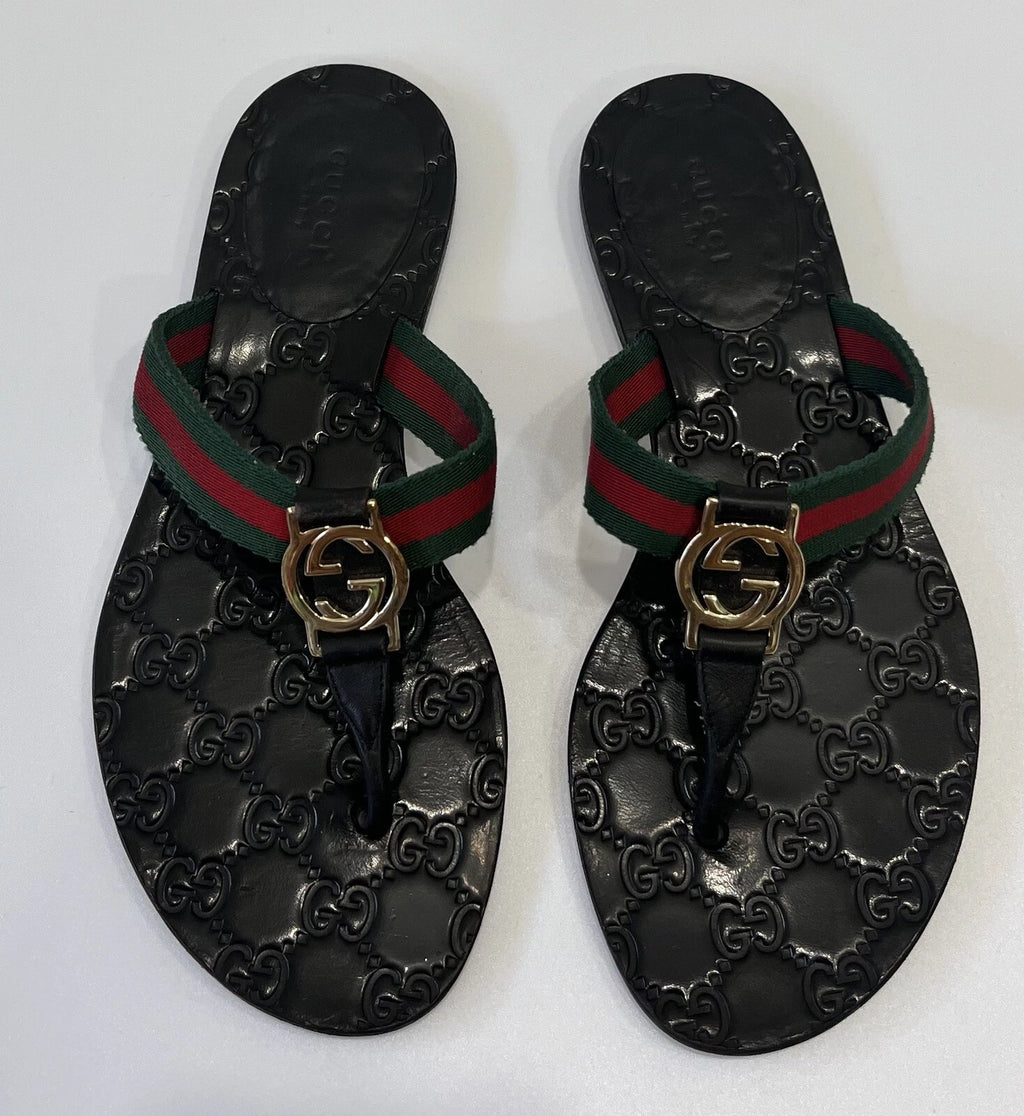 Gucci GG Web Stripe Thong Sandals EU 36 US 6 Black Flat Flip Flop Slide Slipper