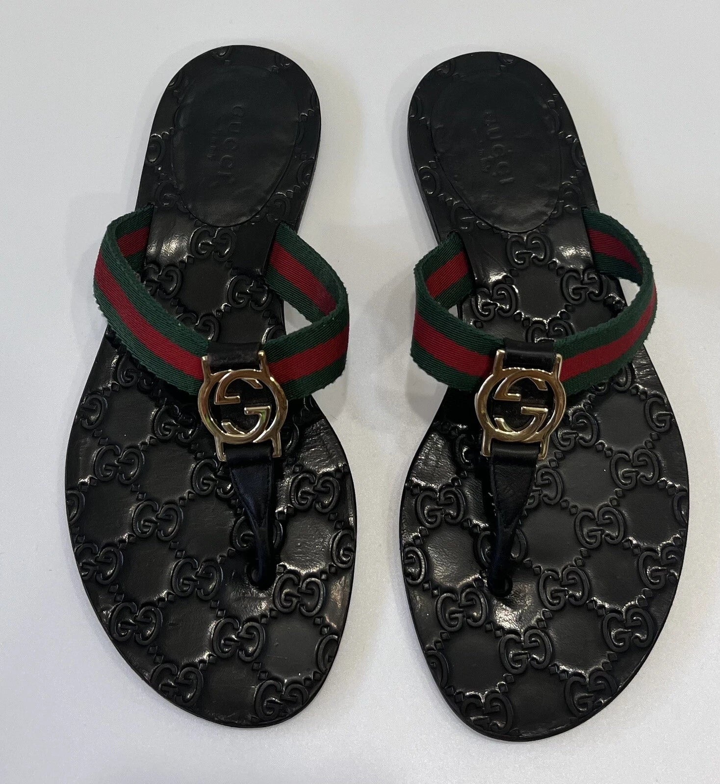 Gucci GG Web Stripe Thong Sandals EU 36 US 6 Black Flat Flip Flop Slide Slipper