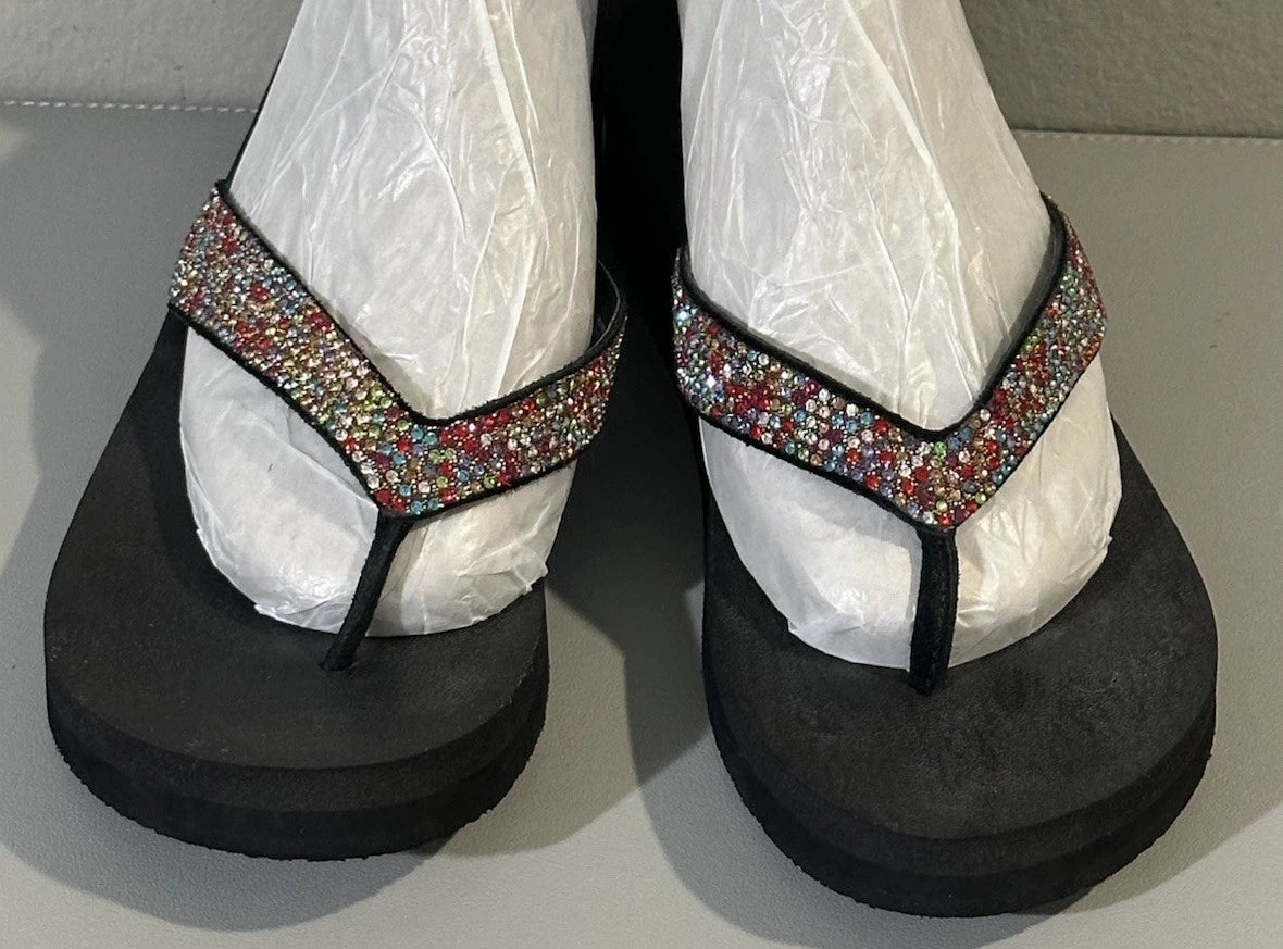 Yellow Box Women Mersaydee Black Flip Flops Thong Rhinestone Wedge Sandals Sz 9