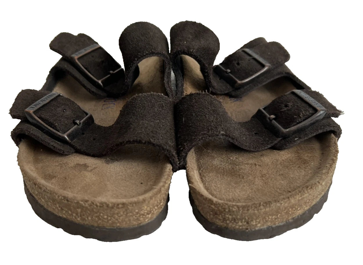 BIRKENSTOCK ARIZONA BROWN SUEDE & SOFT FOOTBED SLIDE SANDALS L4 .35 FREE SHIP