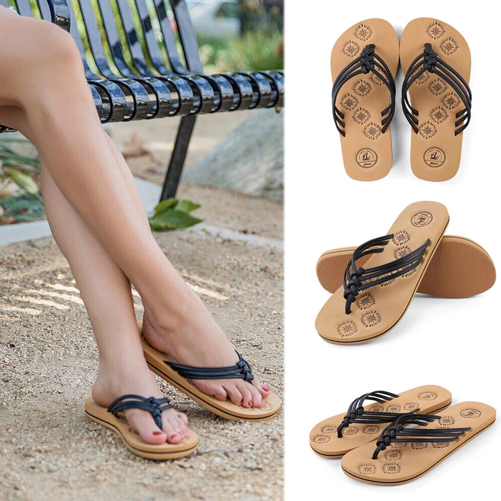 Aerusi Women Floral Flip Flops Black Open Toe Flat Sandals Cozy Shoes Size 7-10