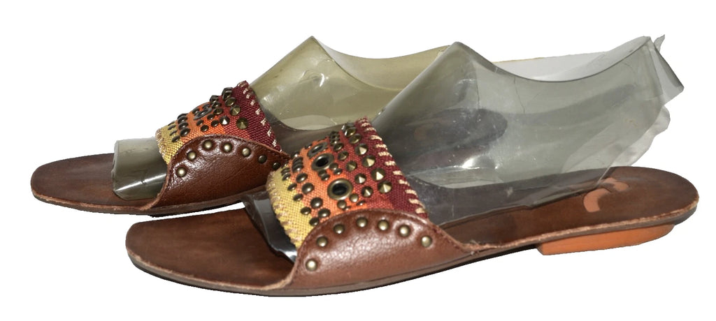 Report Zerav Brown Leather Cone and Flat Studded Womens Slide Sandals Size 9M