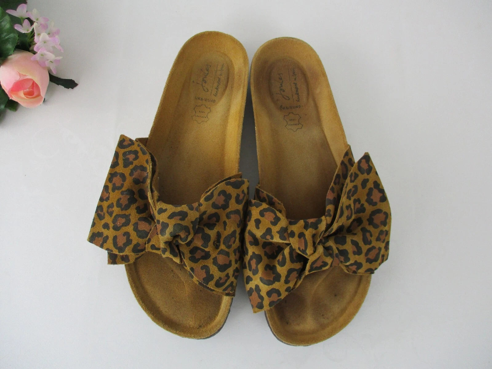 Joules Bayside Leopard Bow Slip On Madrid-Style Sandals size 40 Leather Upper