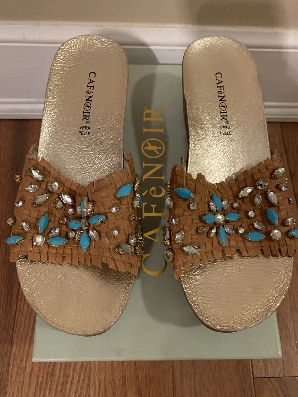 Women's CAFeNOIR Rhinestone Embellished Slide Wedges Shoes Sandals 37