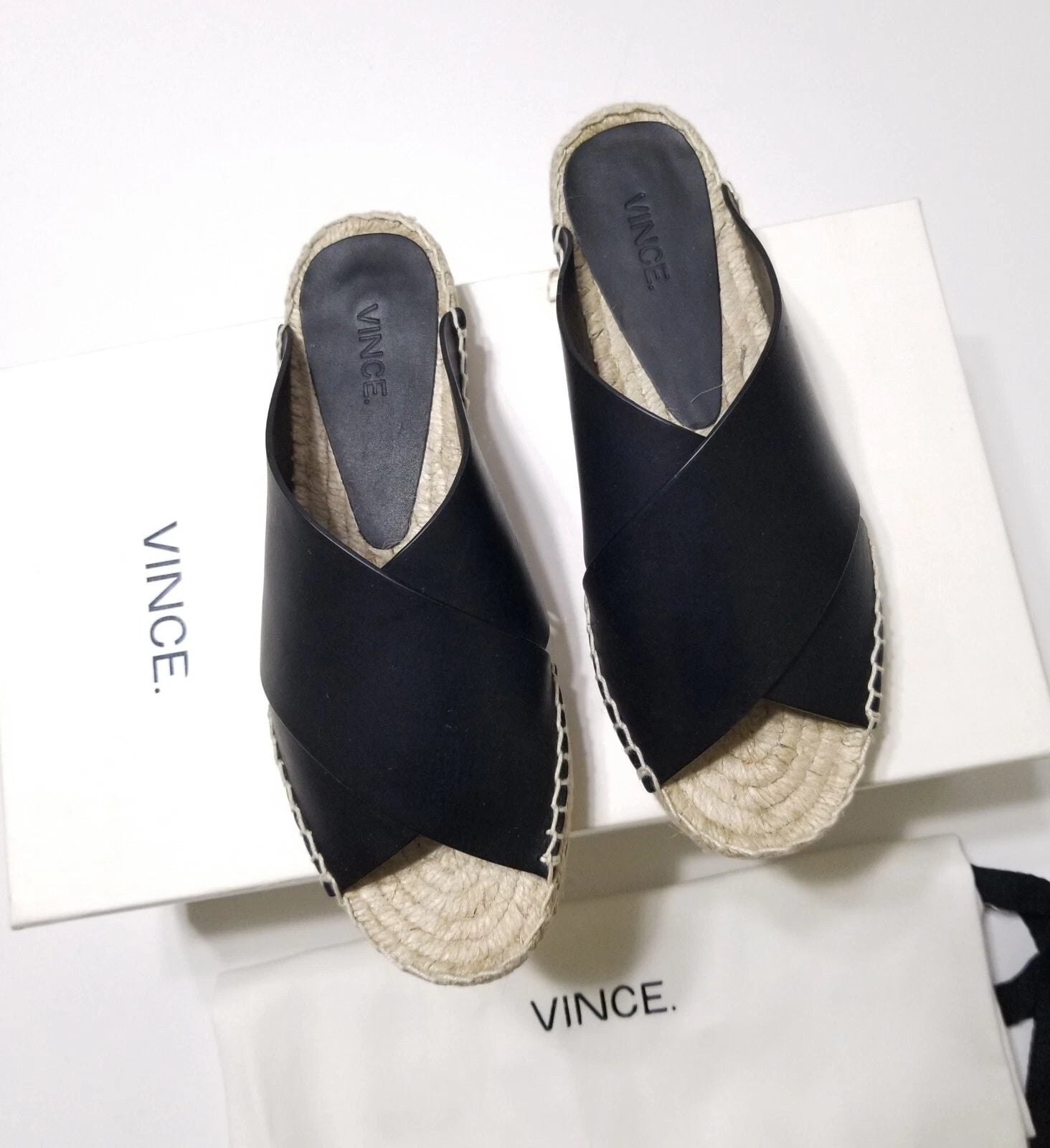 NIB Vince Castel Leather Crisscross Flat Espadrille Slide Sandal Black Sz 5 $225