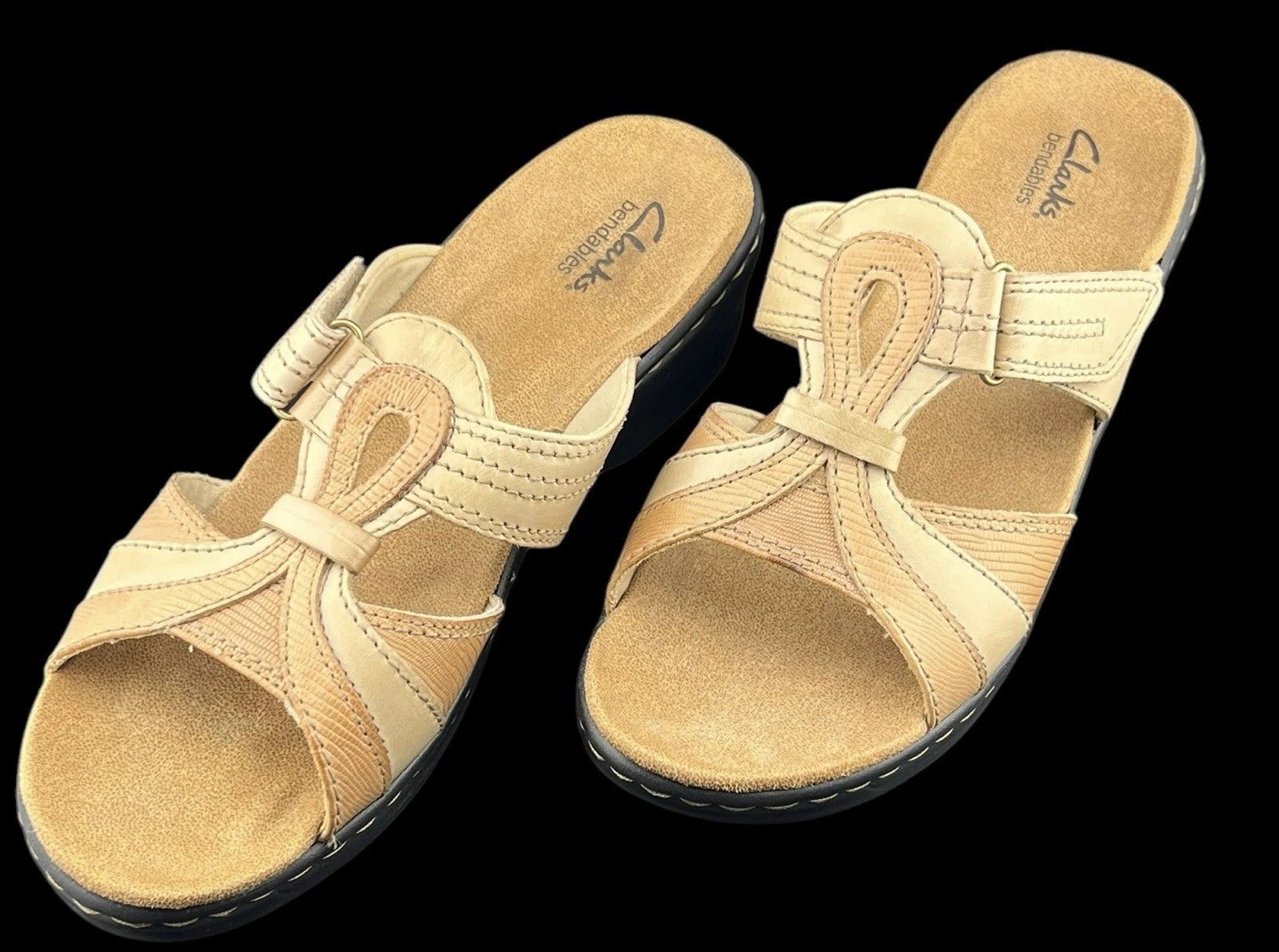 Clarks Bendables Sandals Women's Sz 10m Tan & Cream Leather Open Toe Hook/Loop