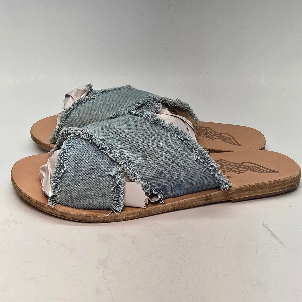 Ancient Greek Sandals Women's Size 8  Denim Frayed Slide Slip Ons Handmade Flats