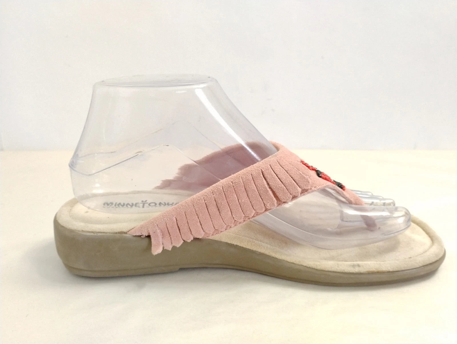 Minnetonka Pink Fringe Leather Suede Thong Sandals Western Style-Size 8