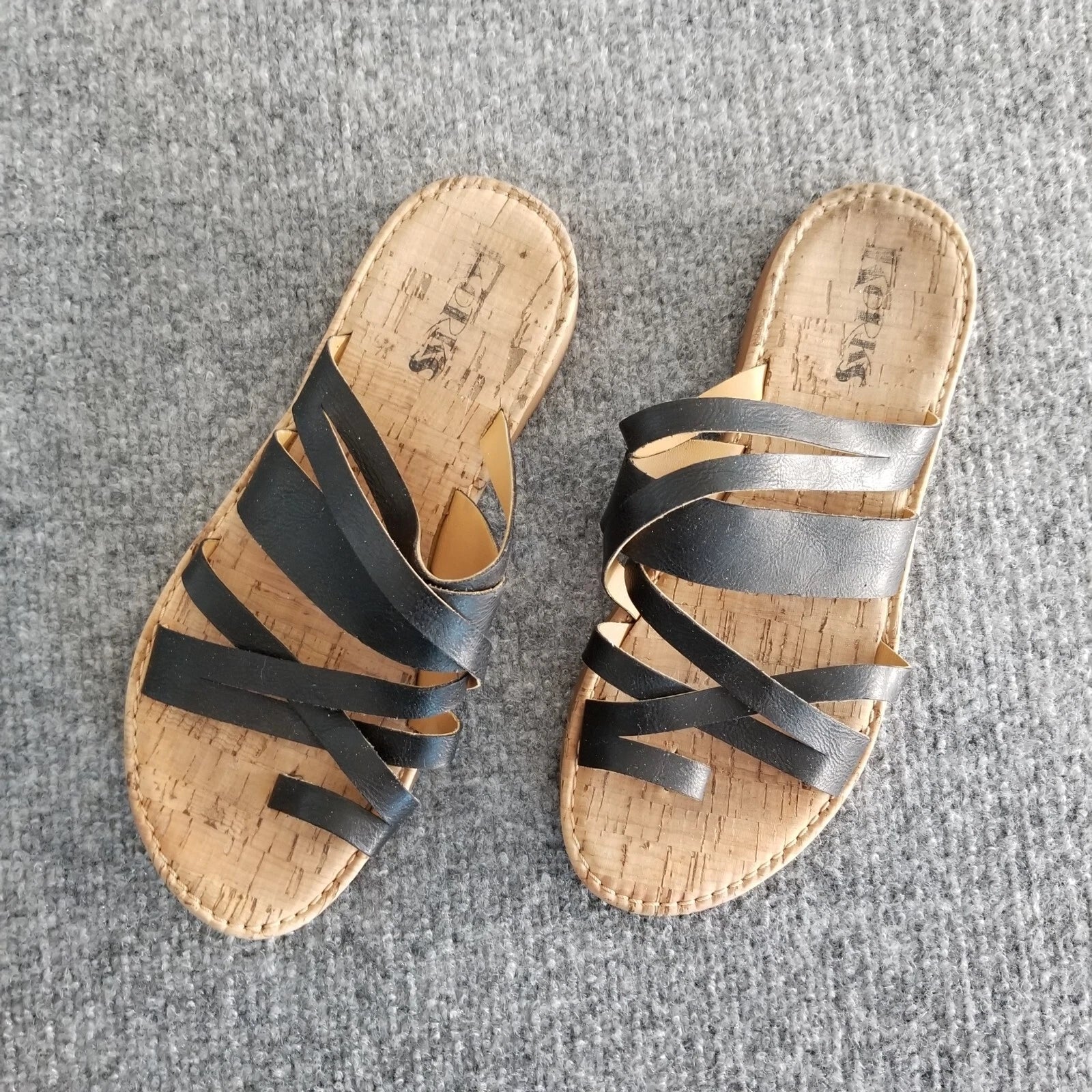 Korks Women US 9M Strappy Sandals Solid Black Straps with Beige Soles Slides *