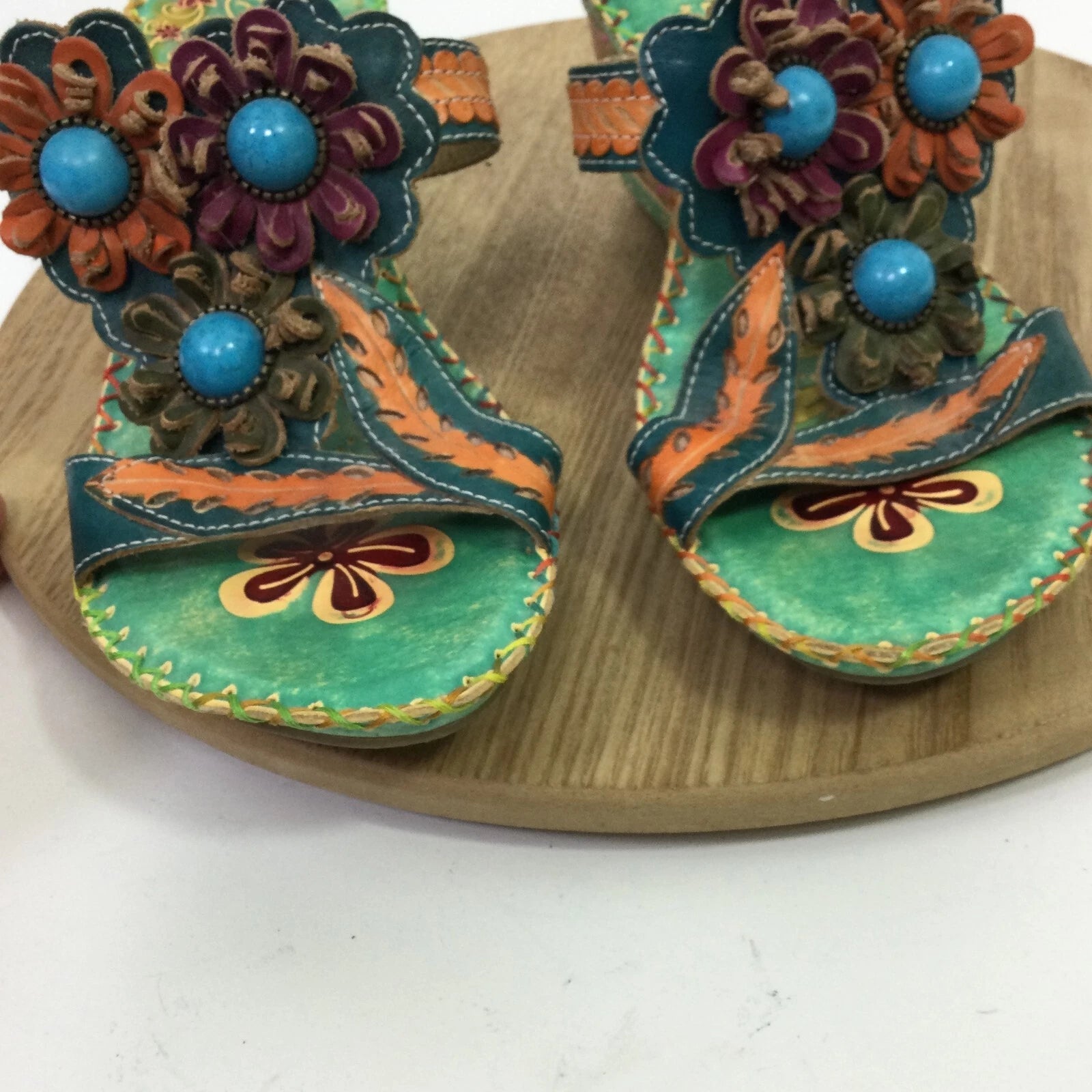 Corkys Elite Bay Leather Beaded Flower Slide Wedge Sandals Blue Green Artsy Sz 9