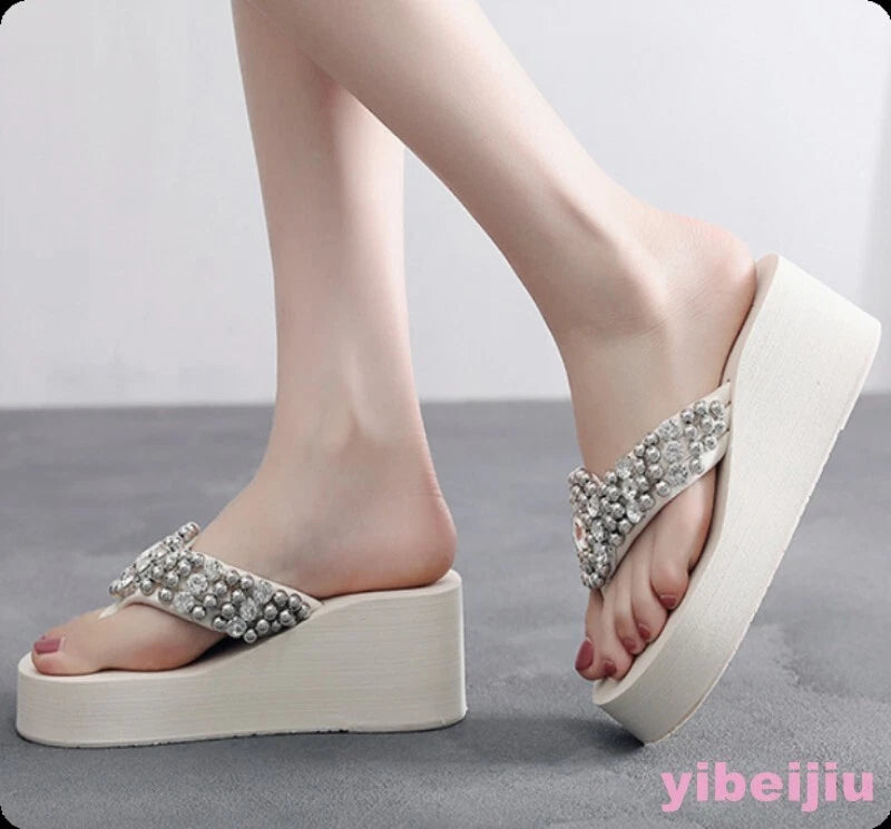 Rhinestone Women Bead Sandals Shoes Beach Platform Wedge Heels Flip Flops Summer