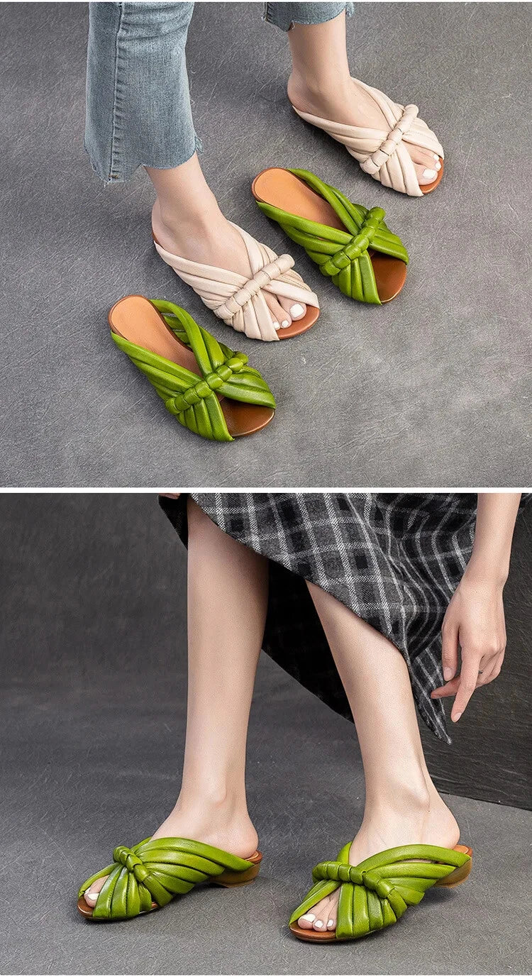 Summer Women Shoes Leather Fashion Low Heel Slippers Peep Toe Outdoor Shoe