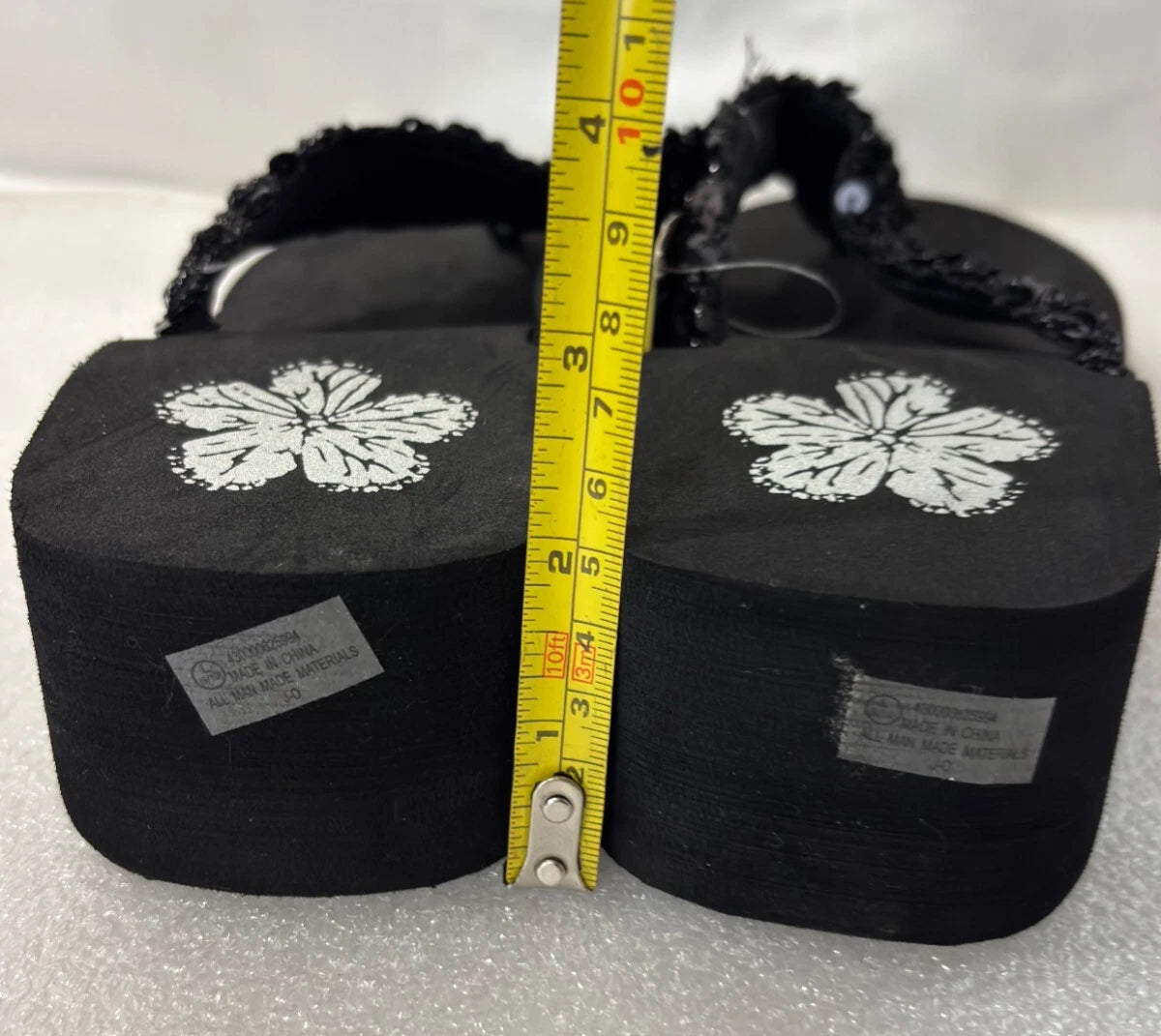 Wedge Sandals Women Flip Flops Rhinestone Sparkle Black Beaded Floral Size 9/10