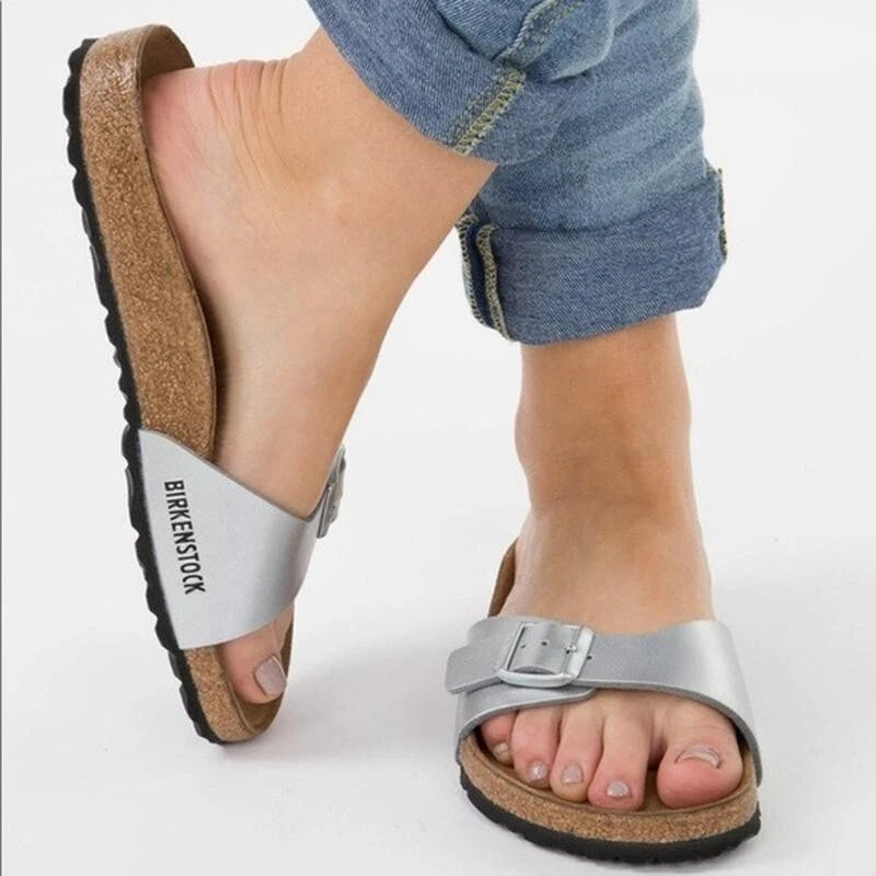 Birkenstock Madrid Birko-Flor Silver Womens Leather Slide Sandals