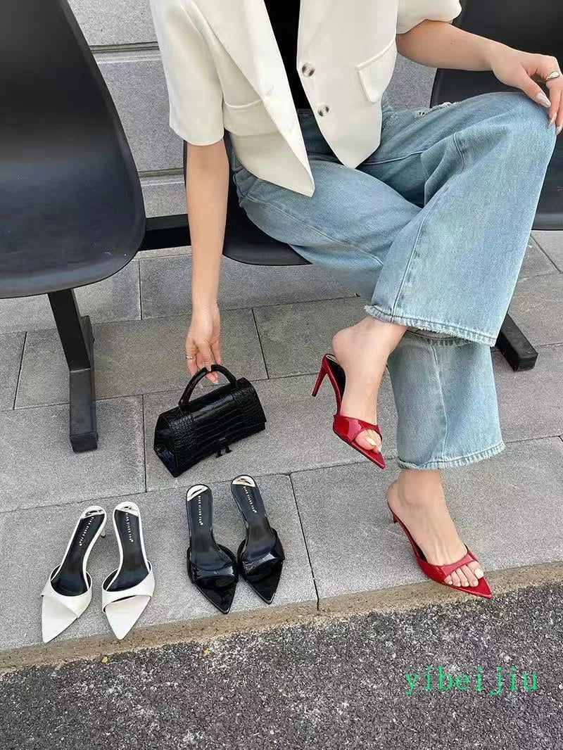 2025 Women's Ope Pointed Toe Mid Heel Sandals Slippers Mules Slides Dress Shoes