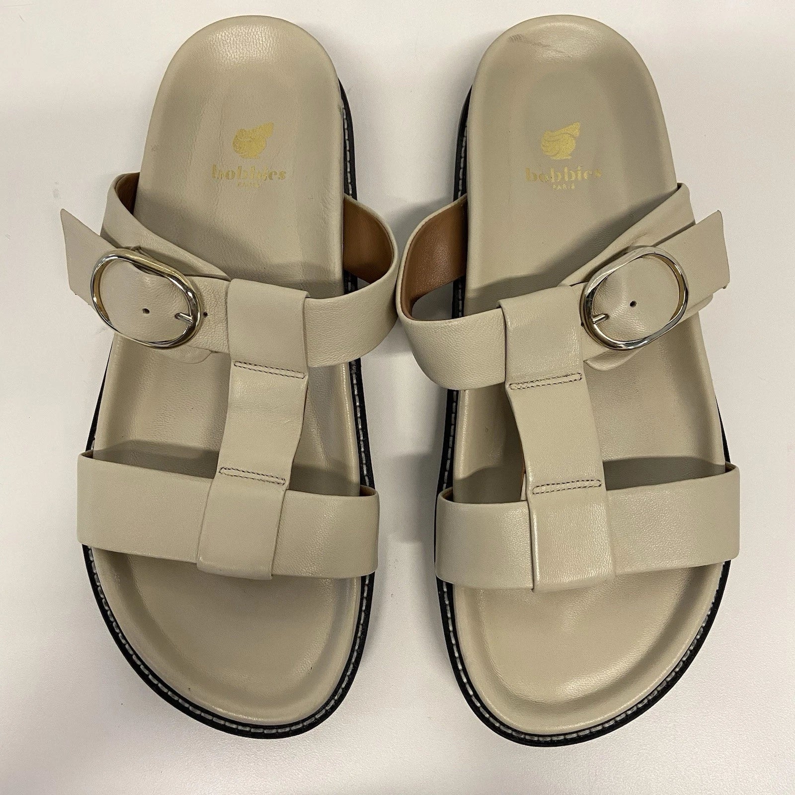 $250 Bobbies Paris Fajar Beige Leather Flat Sandals Slides Women’s US 10.5/FR 41