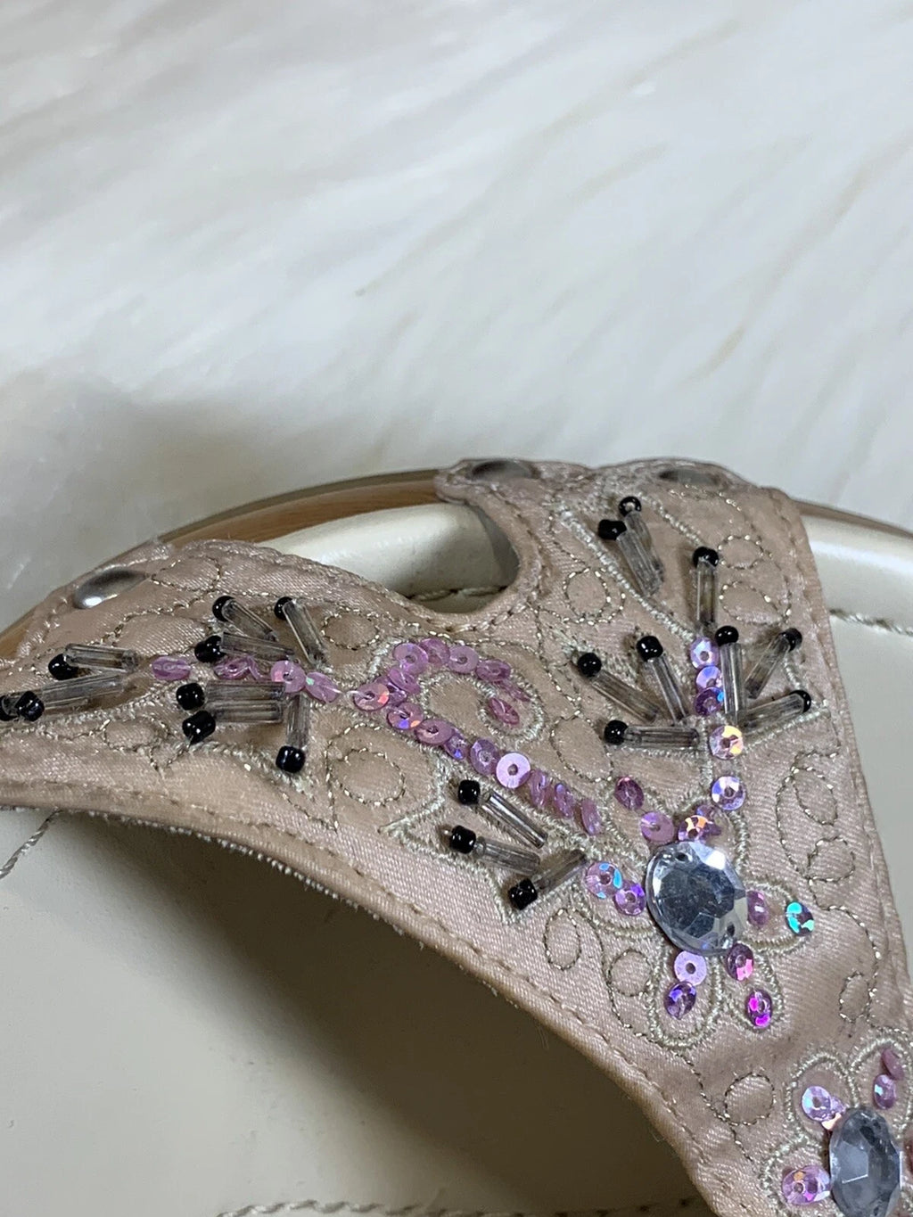 Paris Blues Slides Sandals Champagne Beaded Wm’s Size 10 Adalia-21 #754300