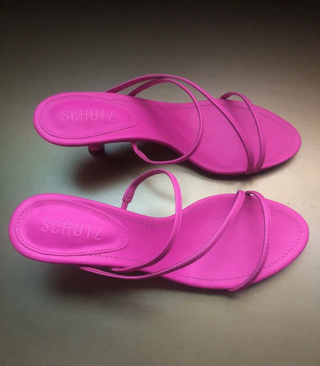 NIB SCHUTZ Evenise Napa Leather Kitten Heel Strappy Sandals In Neon Pink 7.5 (7?