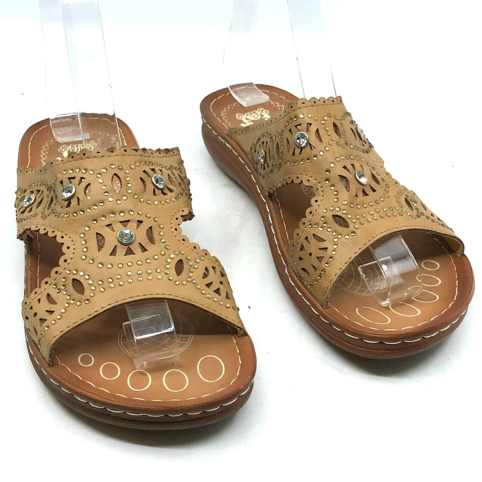 Italina Women's Slide Sandals Brown Rhinestone Straps Size 6.5 Slip-On  [A20]