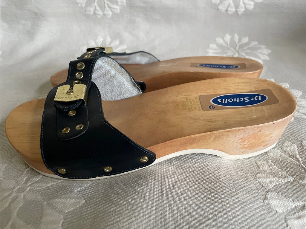 DR SCHOLLS Style Blue Leather? Wooden Sandals Sz 7