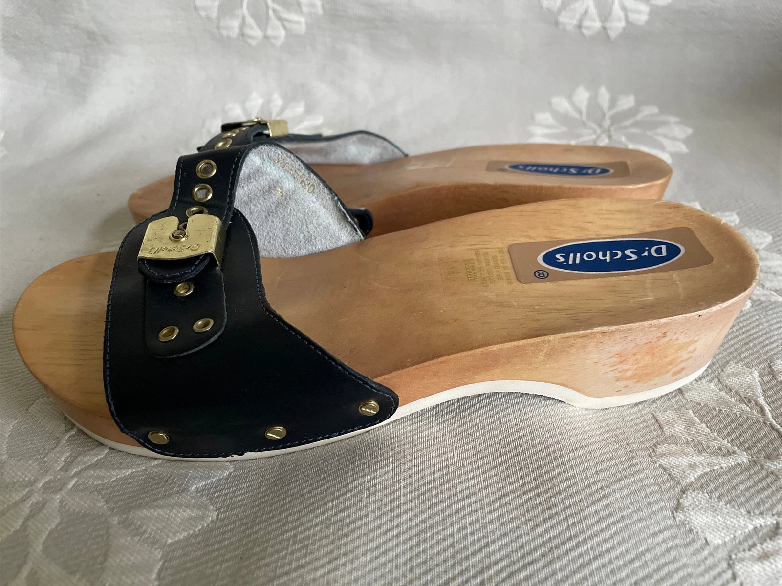 DR SCHOLLS Style Blue Leather? Wooden Sandals Sz 7