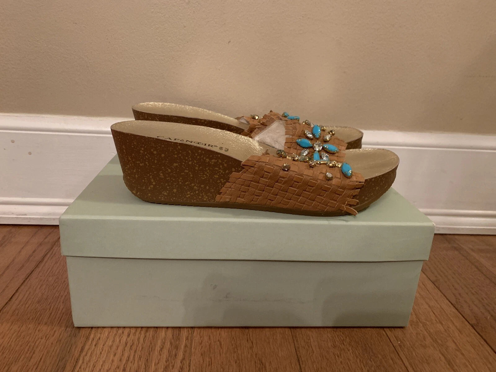 Women's CAFeNOIR Rhinestone Embellished Slide Wedges Shoes Sandals 37