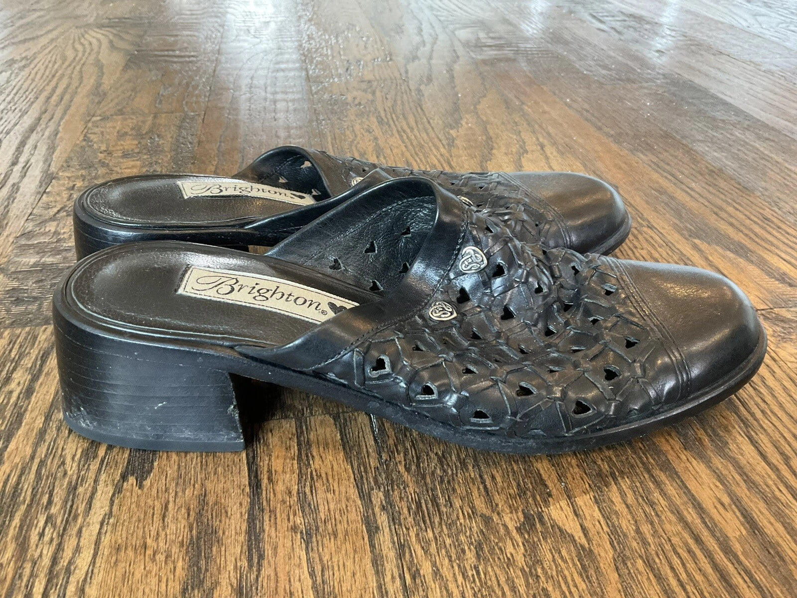 Brighton Fanny  Block Heel Slide Woven Black Leather Shoe Mule Women's Size 8 M