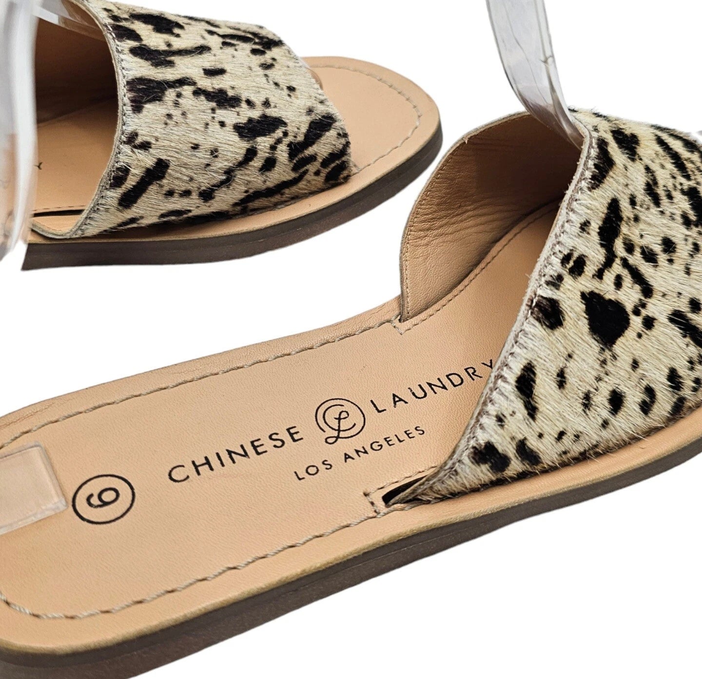 Chinese Laundry Moonshine Slide Sandals 6 Leather Cow Print Calf Hair Flat Comfy