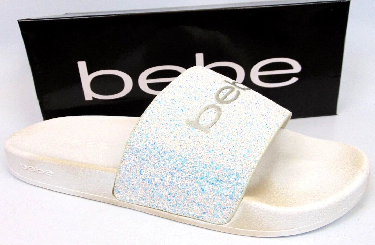 Bebe Womens Fraida Glitter Slide Fashion Sandals Flats Size 11.0 M, White Glitte
