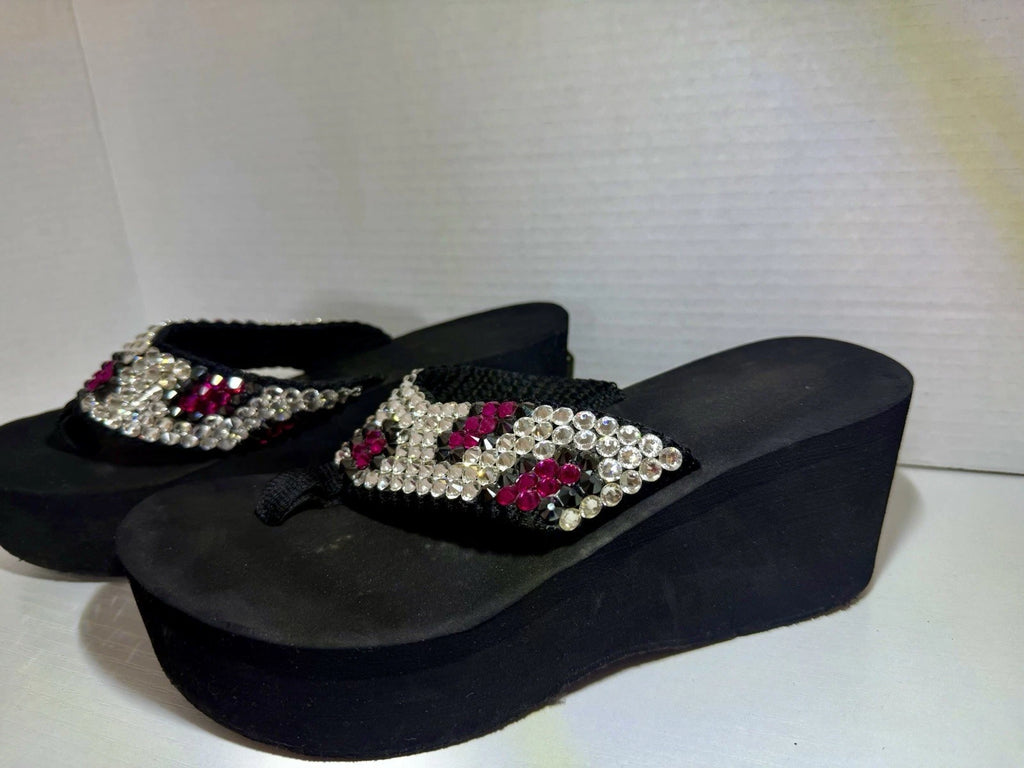 Bedazzled Crystal Y2K Black Flip Flop Wedge Pink And Black Women’s SZ 8
