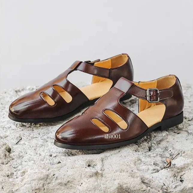Roman Style Mens Closed Toe Sandals Hollow Out Buckle Flat Business Formal Dress