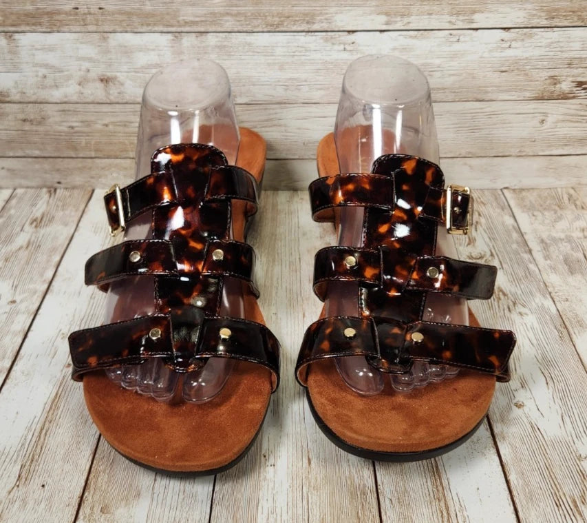 VIONIC Radia Brown Tortoise Shell Women's 10 WIDE Strap Wedge Slide Sandals NWOT