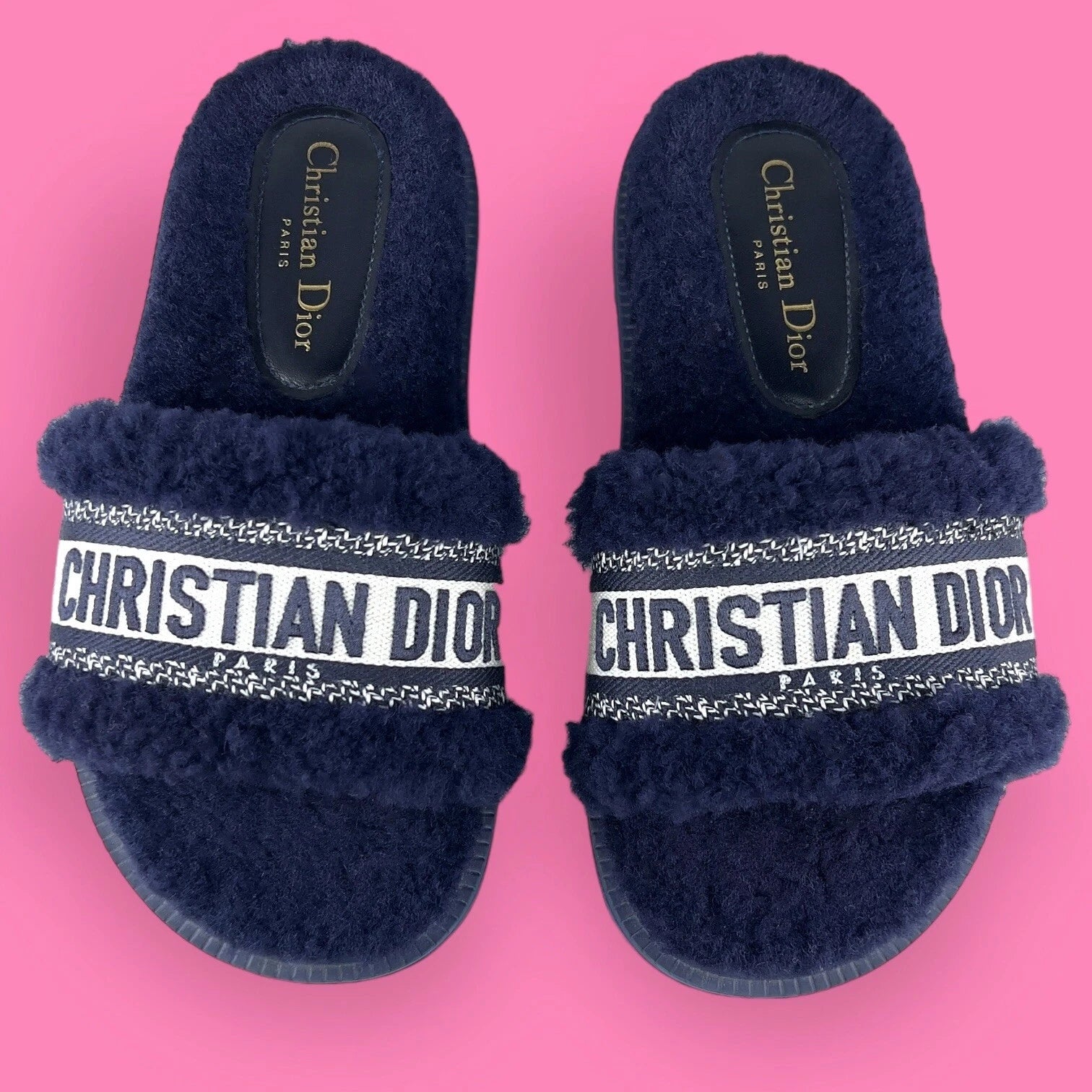 AUTHENTIC Christian Dior Dway Shearling Fur Deep Blue Slides Sandals - Size 36