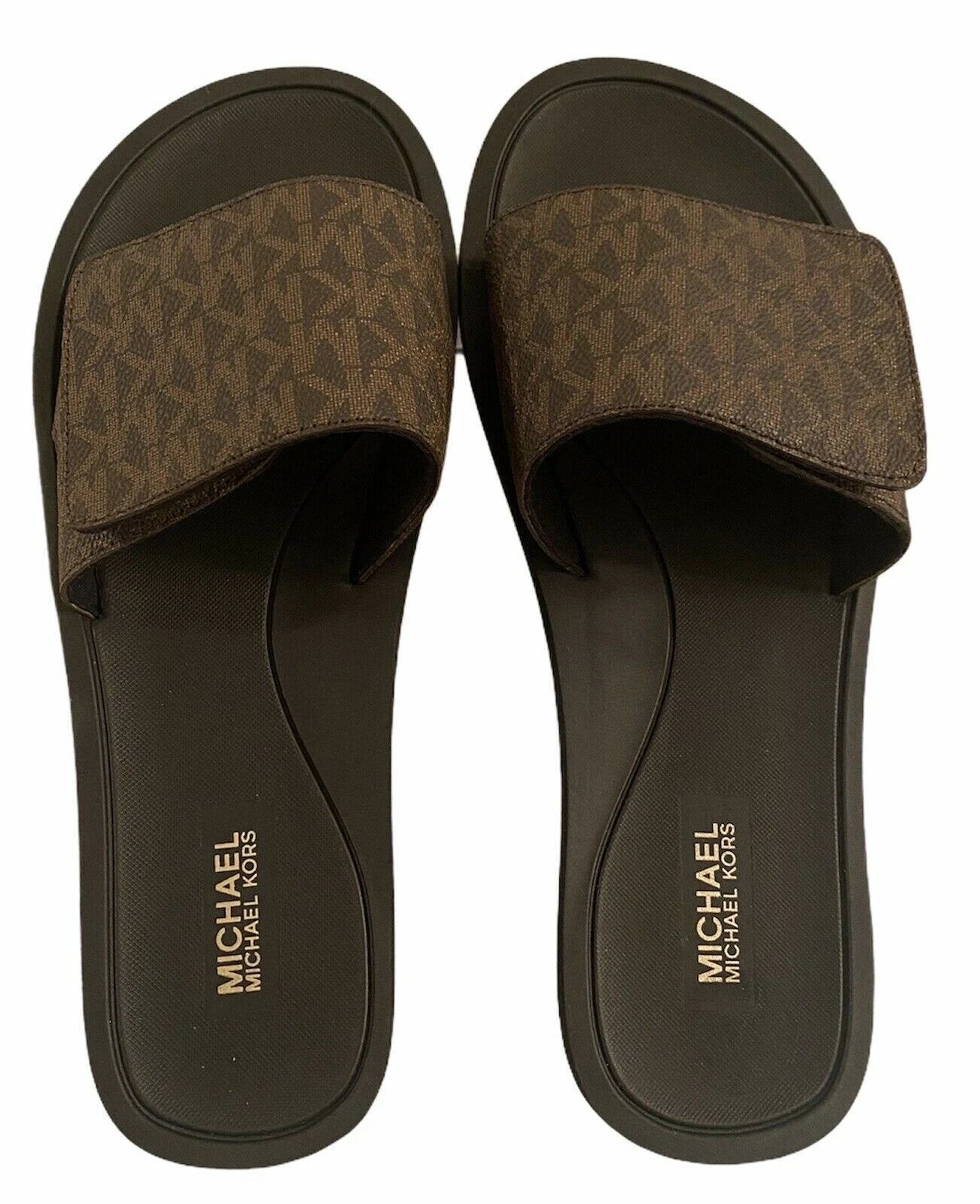 Michael Kors Wade Slide MK Signature Logo Sandals Adjust Closure Brown SZ 9 New