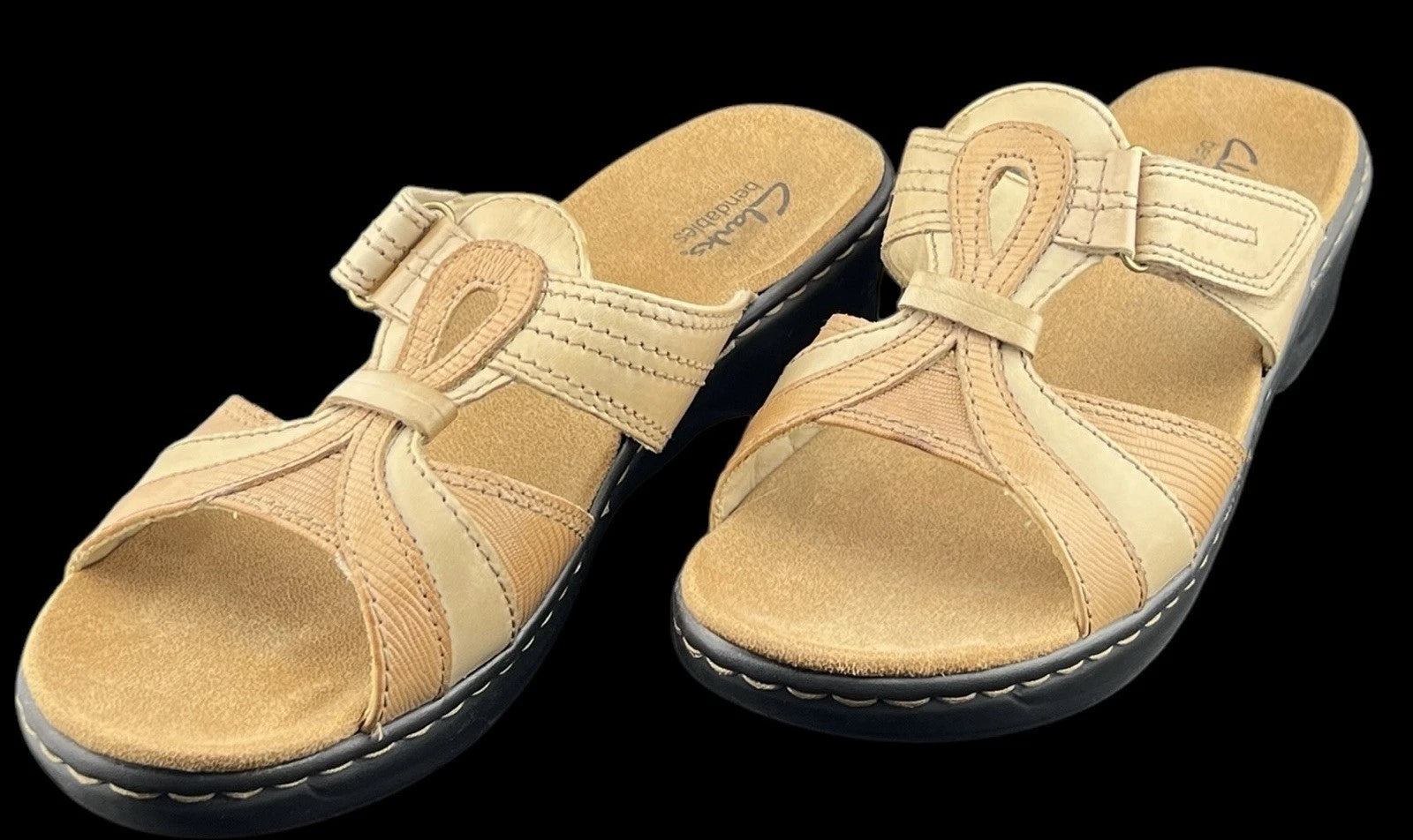 Clarks Bendables Sandals Women's Sz 10m Tan & Cream Leather Open Toe Hook/Loop