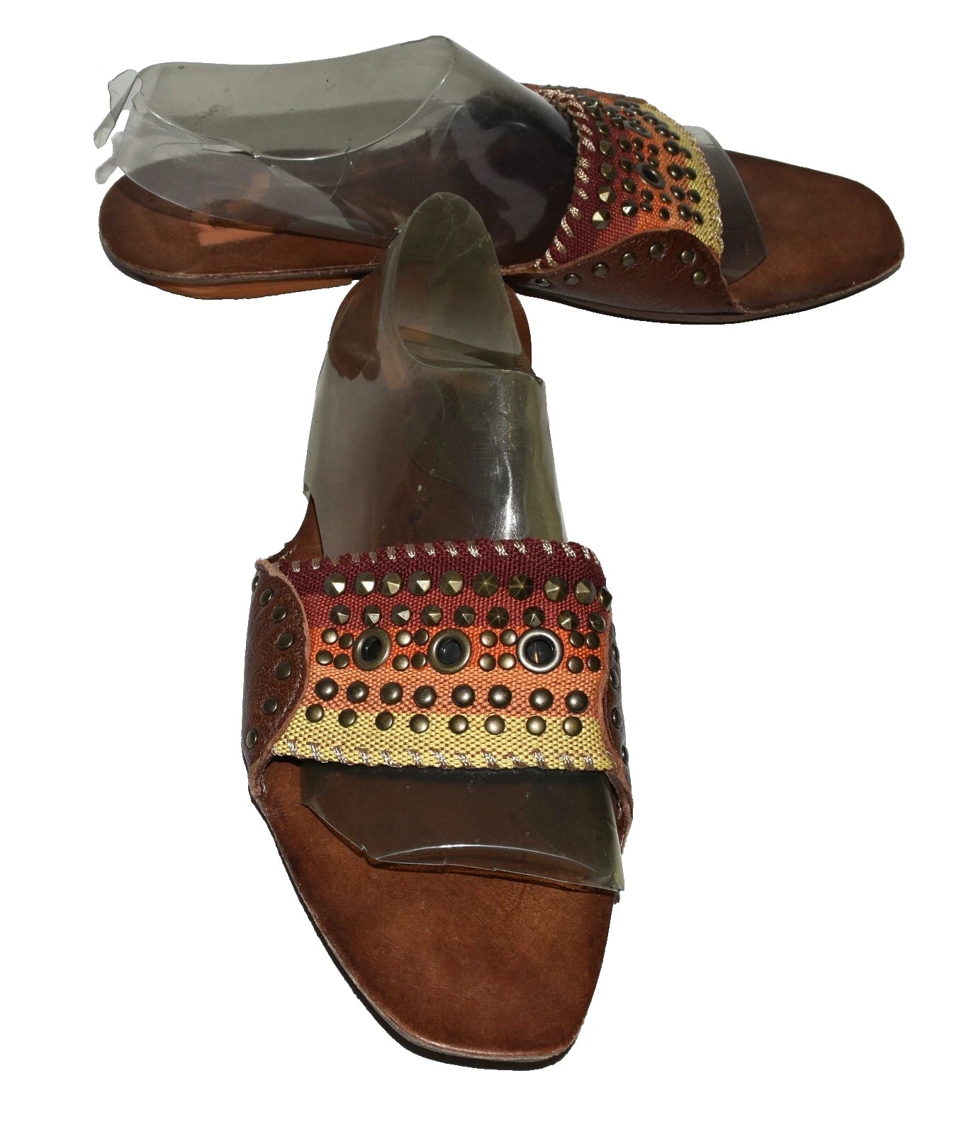 Report Zerav Brown Leather Cone and Flat Studded Womens Slide Sandals Size 9M