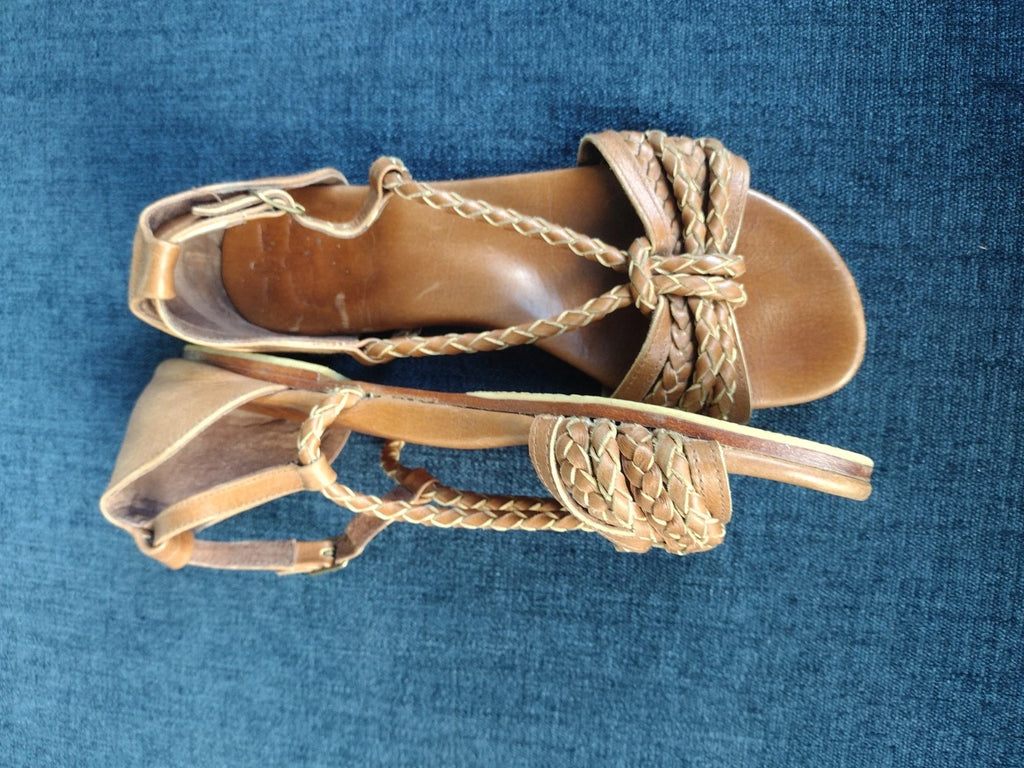 ELF Braided Leather Slides Sandals 8 Brown Leather Handmade Flat Straps