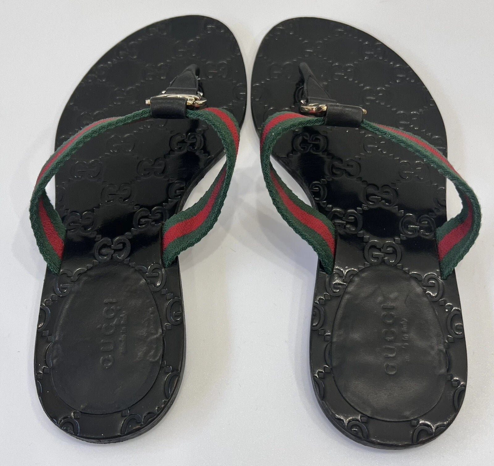 Gucci GG Web Stripe Thong Sandals EU 36 US 6 Black Flat Flip Flop Slide Slipper
