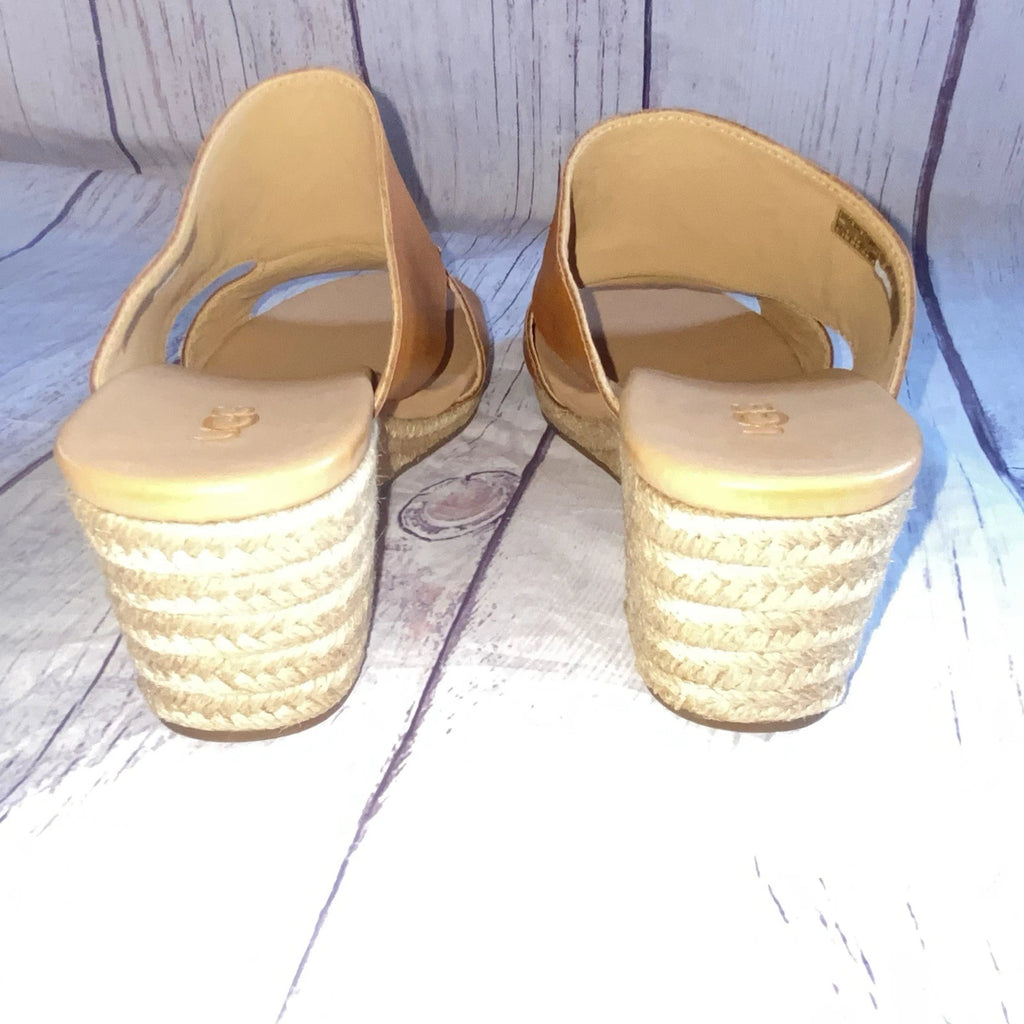 UGG Eirene Wedge Espadrille Slide Sandals Tan Brown Leather Womens 10