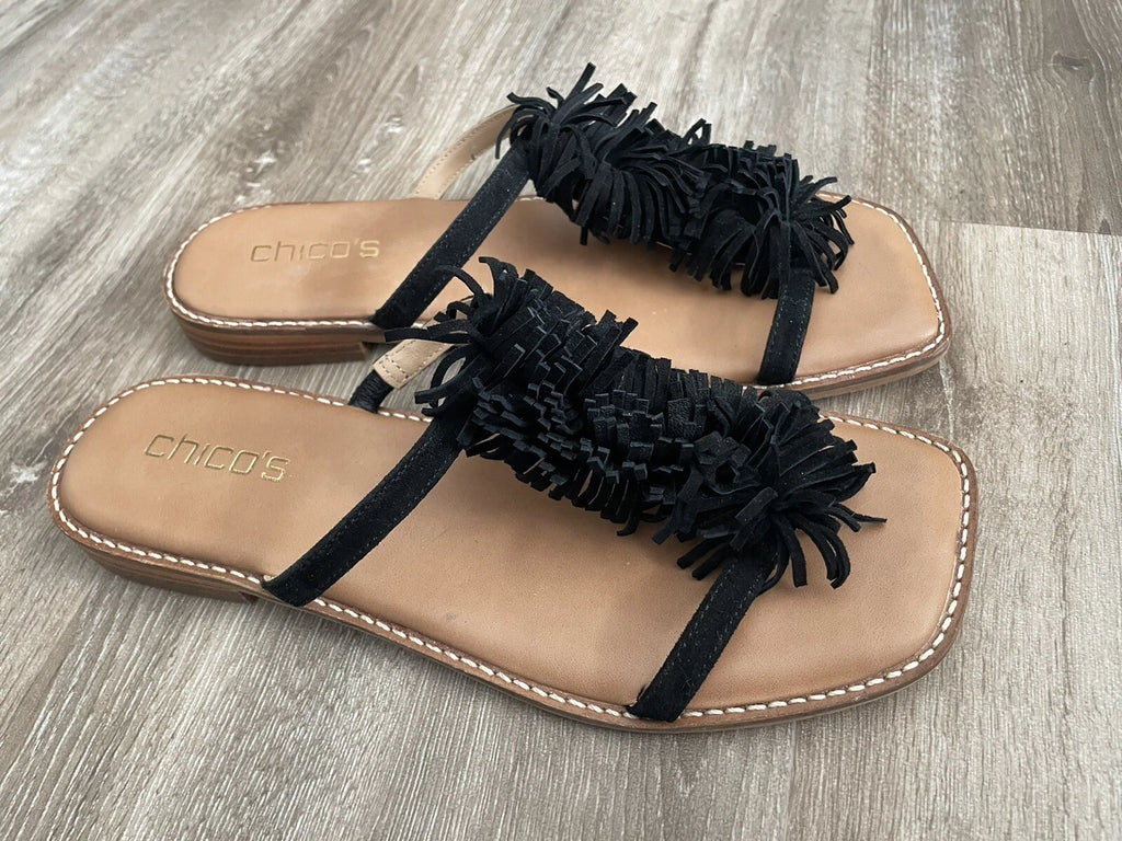 CHICO’S Delray Black Leather Suede Fringe Slide Sandals Shoes - Women’s Size 8